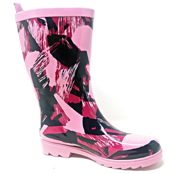 Women's Rainboots, Mid Calf Rubber Rain Boots, RB-3152, Pink, Size 10 - Picture 2 of 6